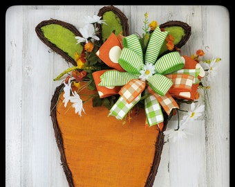 Carrot Burlap and Twig Grapevine Wreath for Front Door, Floral Easter Door Hanger, Spring Daisy Swag