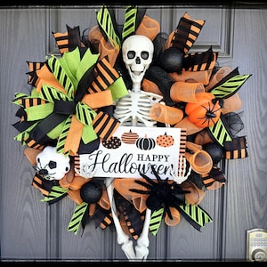 Halloween Orange and Green Skeleton Wreath for Front Door,  Halloween Deco Mesh Wreath, Orange and Green Halloween Decor