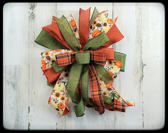 Fall Pumpkin Sunflower Plaid Wired Ribbon Bow, Autumn Decor