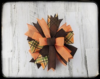 Fall Plaid Wired Ribbon Bow, Brown and Orange Autumn Decor
