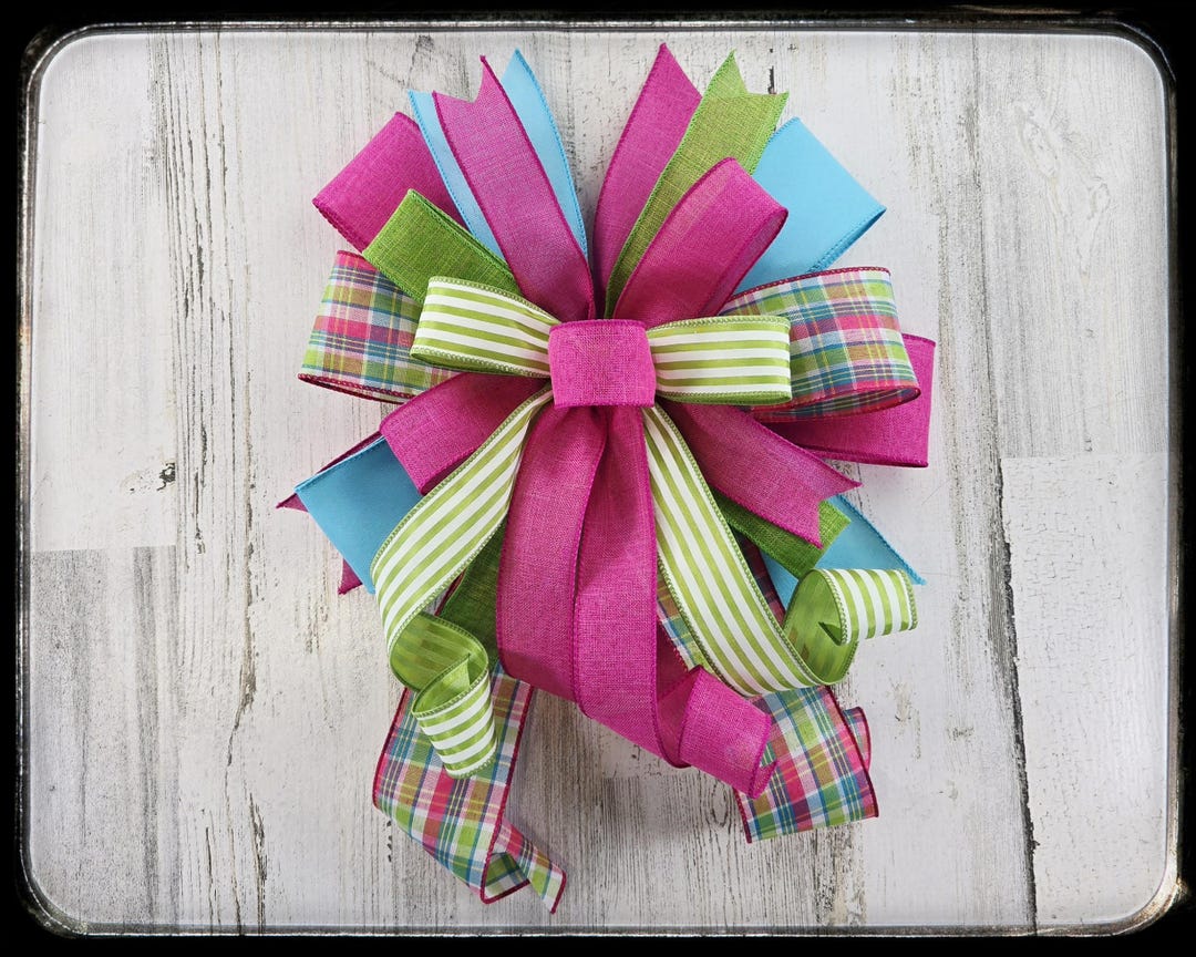 Spring Wreath Bow, Pink Green Plaid, Wired Ribbon Lantern Bow - Etsy