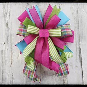 Spring Wreath Bow, Pink Green Plaid, Wired Ribbon Lantern Bow