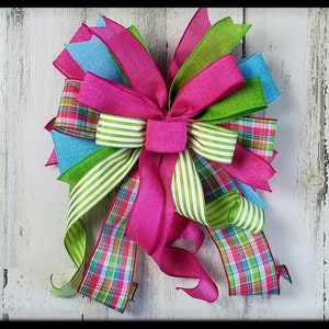 Summer Bow, Spring Lantern Bow, Pink and Green Wreath Bow, Easter Decorations Bow, Wired Ribbon Bow, Plaid Spring Wreath Bow, Mailbox Bow