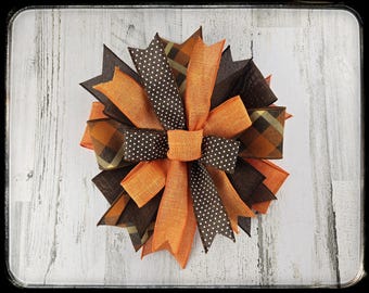 Fall Plaid Wired Ribbon Bow, Orange and Brown Autumn Decor
