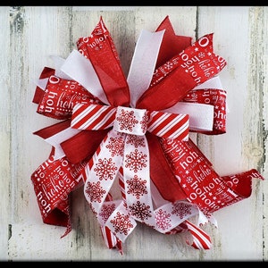 Christmas Bow, Candy Cane Lantern Bow, Red and White Christmas Wreath Bow, Wired Ribbon Bow, Holiday Gift Bow