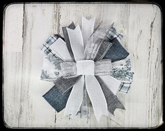 Blue Winter Floral Wired Ribbon Bow, Christmas Blue Plaid Lantern Wreath, One of a kind