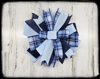 Blue Plaid Wired Ribbon Bow, Wreath Decor
