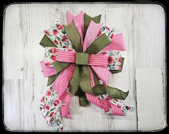 Pink Floral Spring Wreath Bow, Striped Lantern Bow