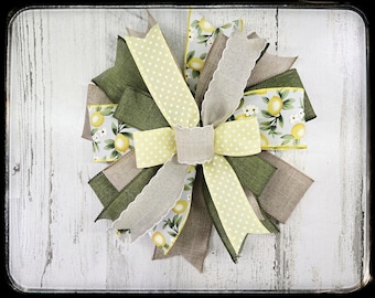 Summer Yellow Lemon Wreath Bow, Polka Dot Spring Wired Ribbon Bow