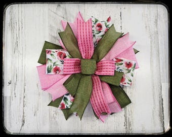 Pink Floral Spring Wreath Bow, Striped Wired Ribbon Decor