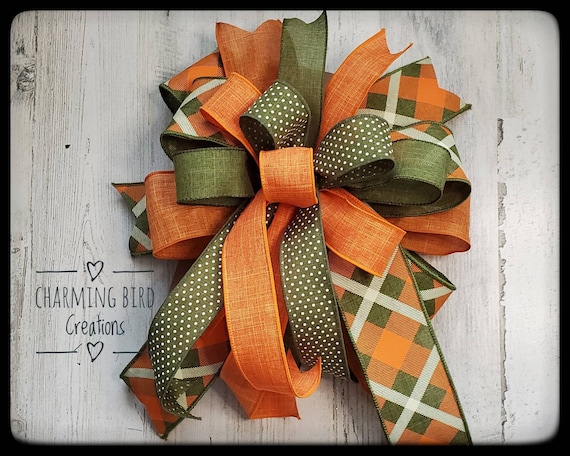 Orange and Green Plaid Fall Bow, Wired Ribbon