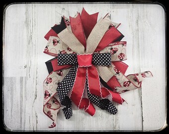 Spring Ladybug Wreath Bow, Red and Black Polka Dot Summer Lantern Decor