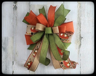 Fall Wired Ribbon Bow, Rust Orange and Green, Thanksgiving Decor