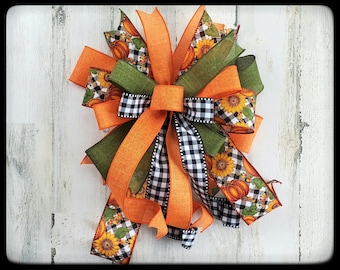 Fall Sunflower Pumpkin Wired Ribbon Bow, Buffalo Plaid Decor