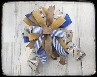 Blue Bird Wreath Bow, Tan and Blue Striped Wired Ribbon Decor