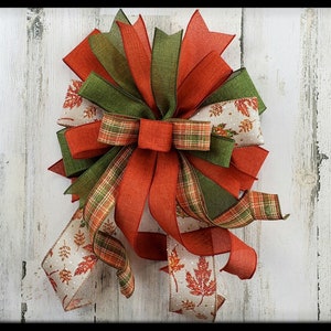 Plaid Fall Leaves Lantern Bow, Fall Wreath Bow, Mailbox Bow, Thanksgiving Bow, Wired Ribbon Bow, Autumn Bow, Rust Orange and Green Bow