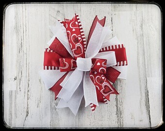 Valentines Day Wired Ribbon Bow, Red & White Hearts Decor, One of a Kind Special