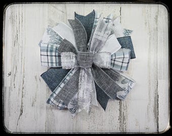 Blue Winter Floral Wired Ribbon Bow, Christmas Blue Plaid Lantern Wreath, One of a kind