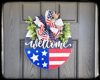 Patriotic Welcome Door Hanger, 4th of July Round Wood Sign