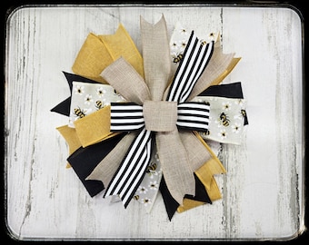 Bumble Bee Summer Yellow Wreath Bow, Black Striped Spring Wired Ribbon Bow