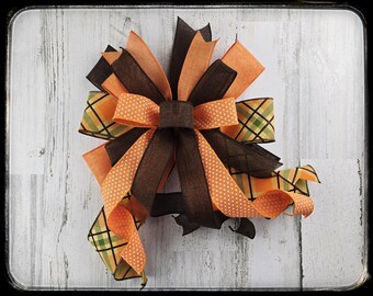 Brown and Orange Plaid Fall Bow, Wired Ribbon Wreath Bow