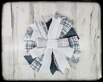 Blue Winter Floral Wired Ribbon Bow, Christmas Blue Plaid Lantern Wreath, One of a kind