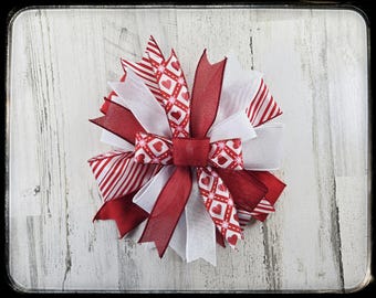 Valentines Day Wired Ribbon Bow, Red & White Hearts Decor, One of a Kind Special