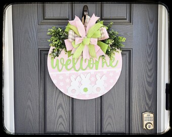 Spring Welcome Bunny Door Hanger, Easter Round Wood Sign