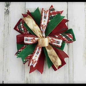 Christmas Nutcracker Bow, Traditional Christmas Lantern Bow, Christmas Wreath Bow, Winter Bow, Wired Ribbon Bow, Gold, Green and Red Bow