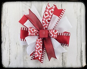 Valentines Day Wired Ribbon Bow, Red & White Hearts Decor, One of a Kind Special