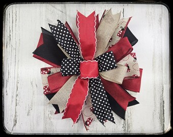 Spring Ladybug Wreath Bow, Red and Black Polka Dot Summer Wired Ribbon Bow