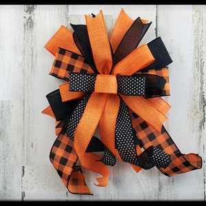 Orange and Black Buffalo Plaid Halloween Bow, Wired Ribbon