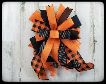 Orange and Black Buffalo Plaid Halloween Bow, Wired Ribbon