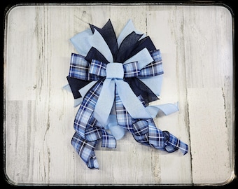 Blue Plaid Wreath Bow, Wired Ribbon Door Hanger
