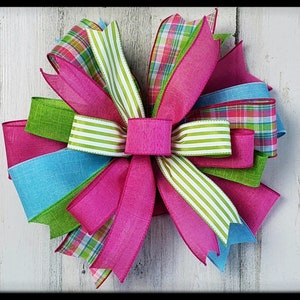 Summer Bow, Spring Lantern Bow, Pink and Green Wreath Bow, Easter Decorations Bow, Wired Ribbon Bow, Plaid Spring Wreath Bow, Mailbox Bow