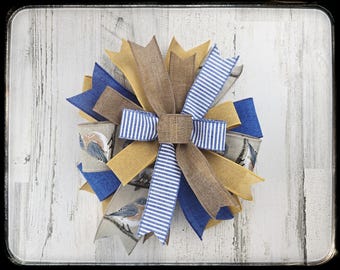 Blue Bird Ribbon Bow, Tan and Blue Striped Spring Wreath Decor
