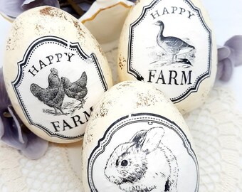 Decoupage Eggs / Easter Decor / Spring Decor/ Easter Rabbit/Set of 3/ happy farm/duck/chicken