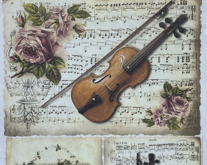 Rice Paper for Decoupage, Floral Decoration With a Violin Retro ...