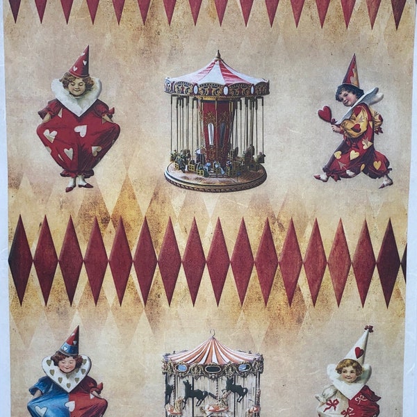 ITD Collection Rice Paper for decoupage, vintage circus, Circus, carousel, fun, diamonds, clown, carousel horse, Pierrot in love