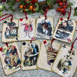 Christmas ornaments , Set of 8 rectangular Christmas wooden ornaments, playing cards, Alice in Wonderland