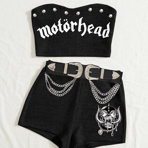 Studded Summer sets, strapless, high waisted shorts, heavy metal clothing.
