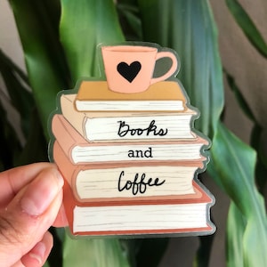 Books and coffee Clear vinyl glossy Sticker dishwasher/waterproof, teacher sticker, book lover, coffee lover, water bottle laptop journal