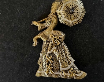 Vintage Antique 1930s Damascene Lady Brooch Figural Parasol