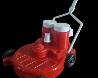Vintage Tiny Power Mower Salt and Pepper Shakers ~ Plastic Lawnmower ~ USA