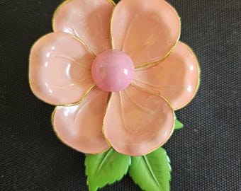 1960s Pink Enamel Flower Brooch, Mid-Century Floral Pin, Made in Germany