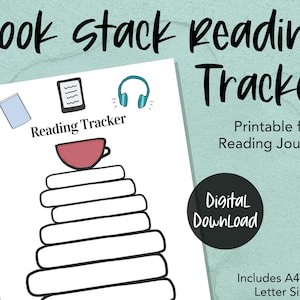 May include: Printable book stack reading tracker with a cup of coffee, headphones, and a book. The tracker is designed for reading journals and includes A4, A5, and letter sizes.