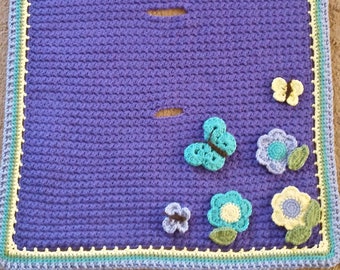 Purple crochet carseat blanket, butterfly and flower applique