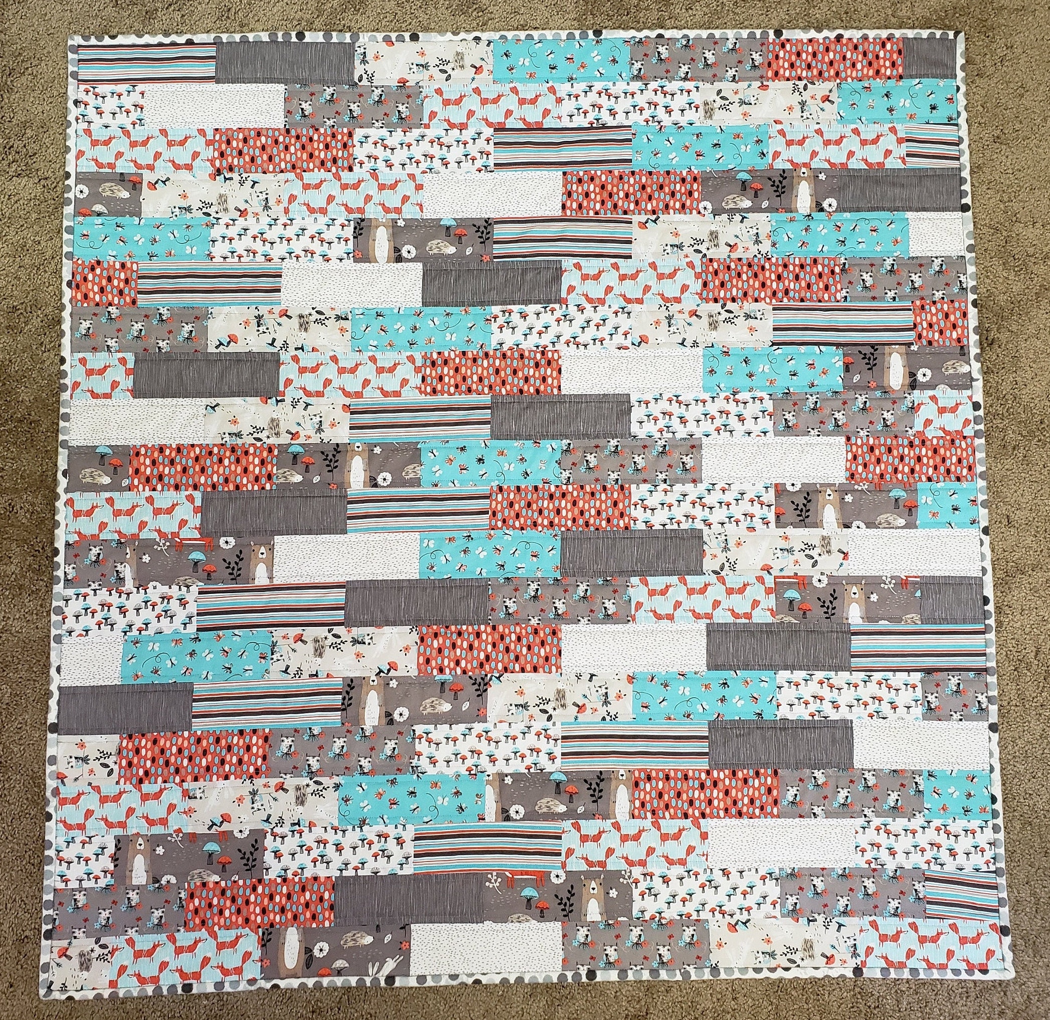 Woodland Baby Quilt, Fox, Owl, Bear, Grey, Orange, Teal