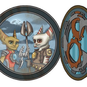 May include: Two cartoon characters, one with orange fur and the other with white fur, stand in front of a blue and white background. The character with orange fur is holding a wrench and the character with white fur is holding a staff. The background is a circular window with a metal frame.