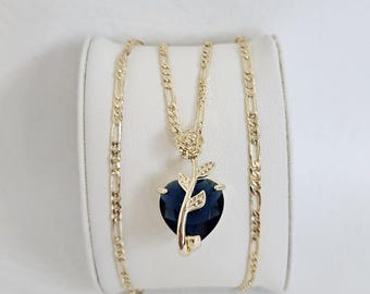 Blue Glass Gem Zirconia Heart Rose Gold Plated Necklace